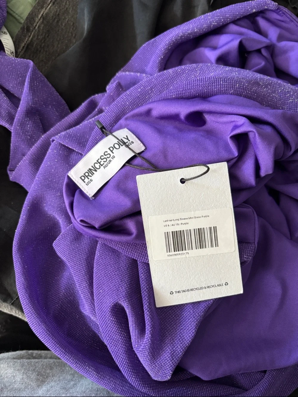 NEW Princess Polly Leshner Long Sleeve Mini Dress Purple Size 6 Shimmer Low Back
